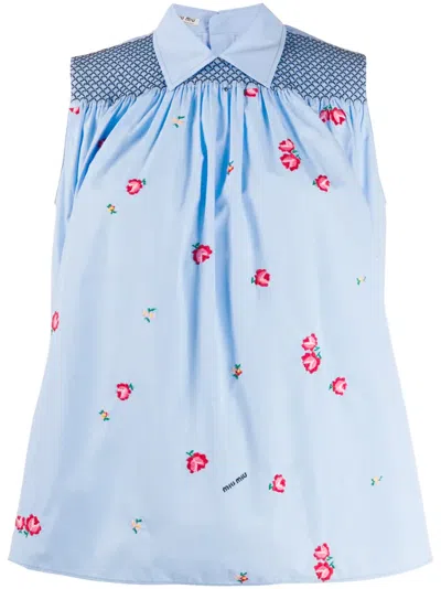 Miu Miu Floral Embroidered Boxy Blouse In Blue