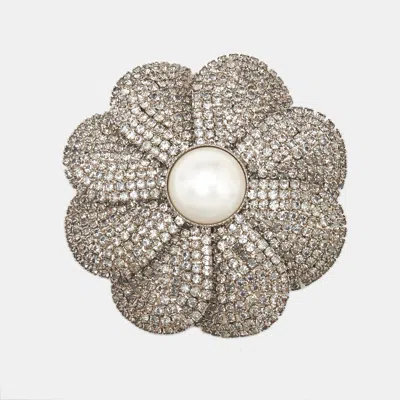 Pre-owned Miu Miu Floral Faux Pearl Crystal Silver Tone Brooch