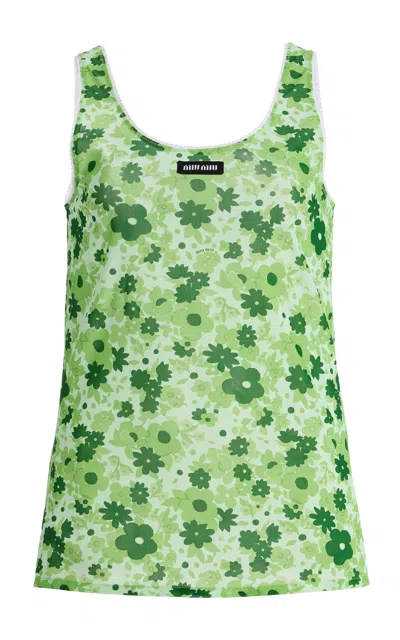Miu Miu Green Floral Stretch Polyamide-blend Top In Multi