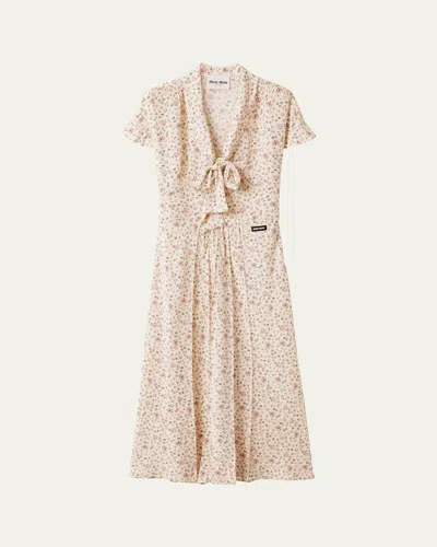 Miu Miu Floral Neck-tie Short-sleeve Midi Dress In Pink