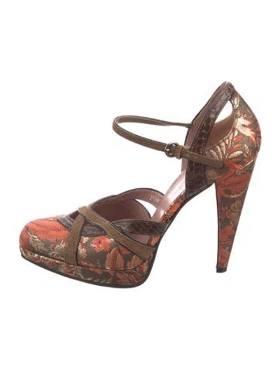 Pre-owned Miu Miu Floral Print D'orsay Pumps In Gold