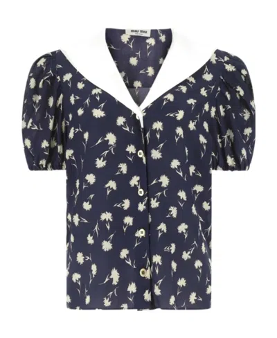 Miu Miu Floral-print Short-sleeved Blouse In Black
