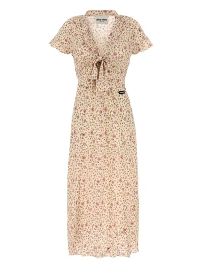 MIU MIU FLORAL-PRINT TIE-FRONT MIDI DRESS