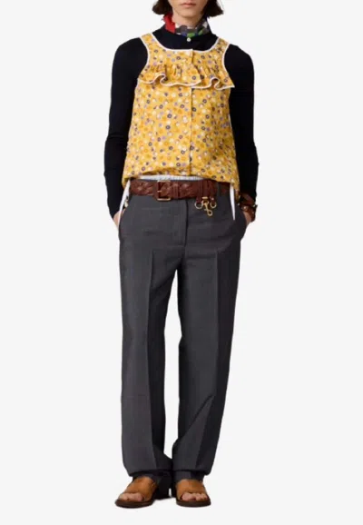Miu Miu Dress Floral Pattern Ruffle Detail Contrast Trim In Yellow