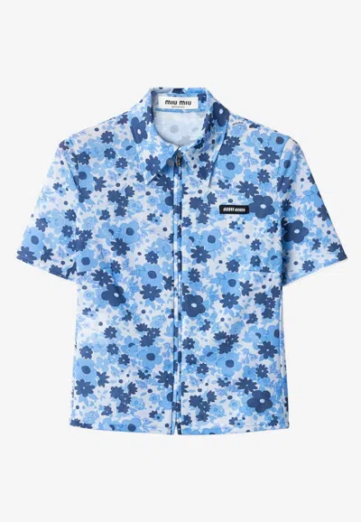 Miu Miu Floral Zip-up Shirt In Brown