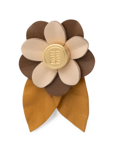Miu Miu Floral-motif Leather Bag Charm In Brown