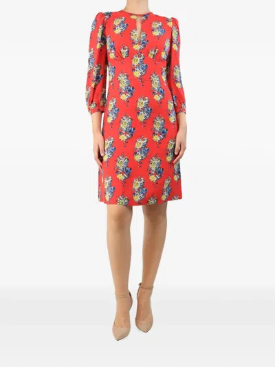 Pre-owned Miu Miu Floral-print Keyhole Midi Dress In Red