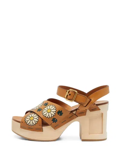 Pre-owned Miu Miu Floral-print Platform Sandals In Brown