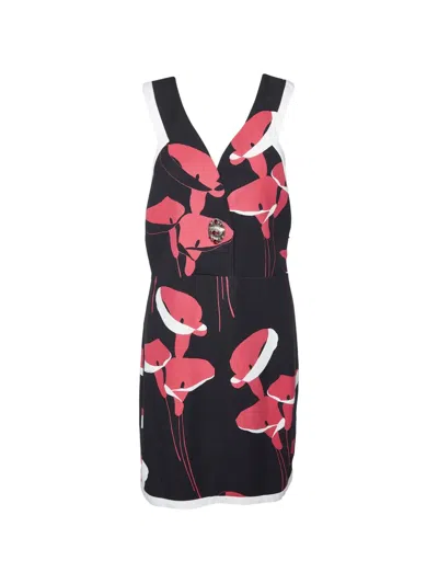 Pre-owned Miu Miu Floral-print Turn-lock Mini Dress In Black