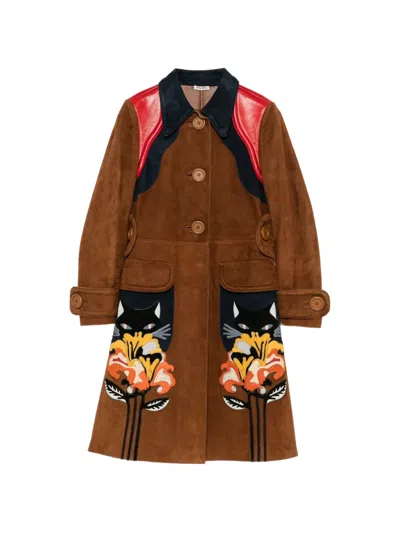 Pre-owned Miu Miu Flower-cat Patch Coat In Brown