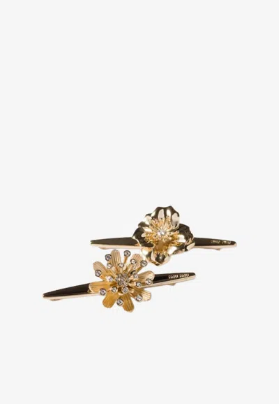 Miu Miu Flower-shaped Hair Clips In Gold