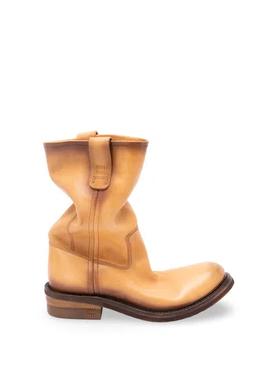 Miu Miu Foule Leather Booties In Yellow