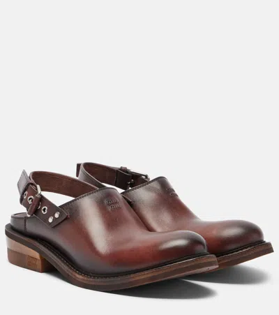Miu Miu Leather Slingback Loafers Round Toe Studs In Brown