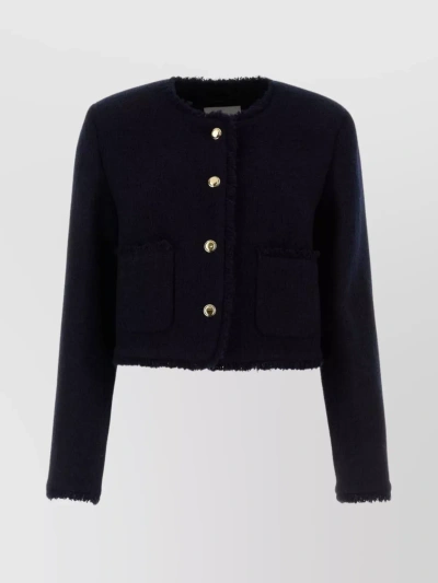 Miu Miu Frayed Hem Cropped Tweed Blazer In Black