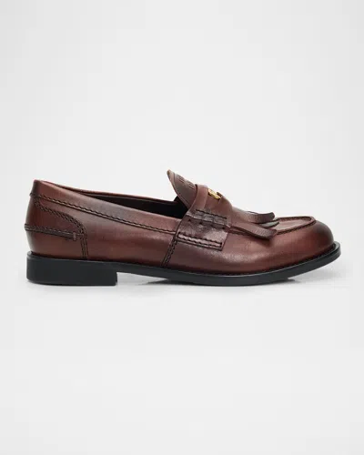 Miu Miu Fringed Leather Penny Loafers In Brown