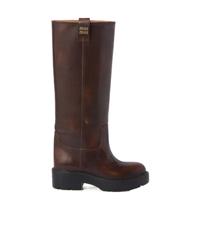 Miu Miu Fumé Leather Boots In Black