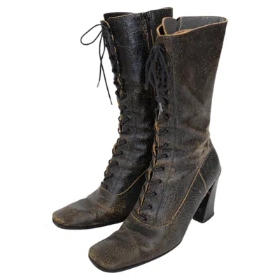 Pre-owned Miu Miu Fw2001 Crackle Effect Lace Up Square Toe Victorian Boots (39.5) In Black