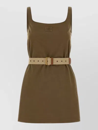 Miu Miu Gabardine Mini Dress Square Neckline Belt In Brown