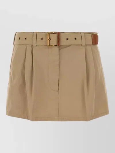 Miu Miu Gabardine Mini Skirt Belted Waist Buttons Pleats In Brown