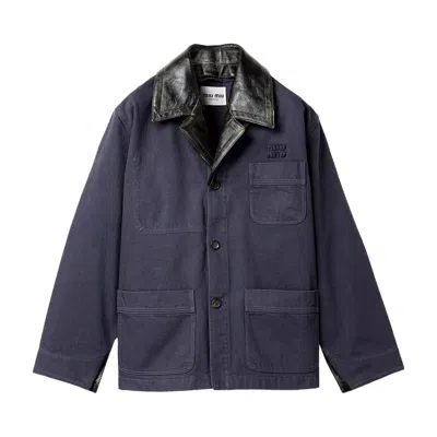 Pre-owned Miu Miu Gabardine Old Pelle Jacket 'hematite' | Blue | Women's Size 38