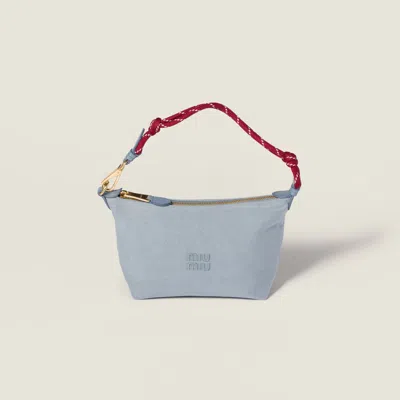 Miu Miu Gabardine Pouch With Embroidered Logo And Woven Tape Wristlet In Blue