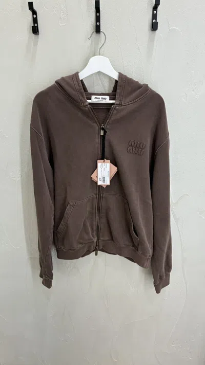 Pre-owned Miu Miu Garment Cacao Cotton Fleece Zip Up Hoodie In Brown