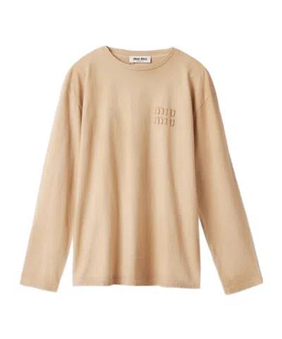 Miu Miu Garment-dyed Cotton Jersey T-shirt In Neutral