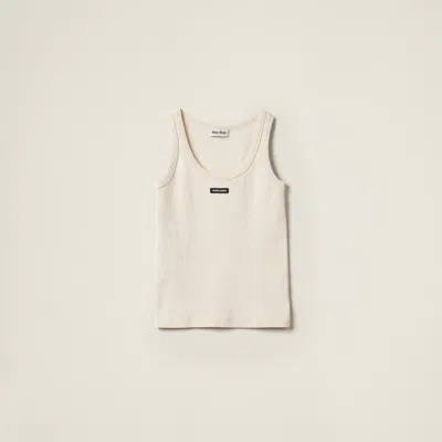 Miu Miu Garment-dyed Ribbed Knit Jersey Top In Natural