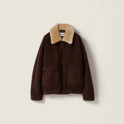 Miu Miu Garment-dyed Wool Blouson With Shearling Collar In Brown