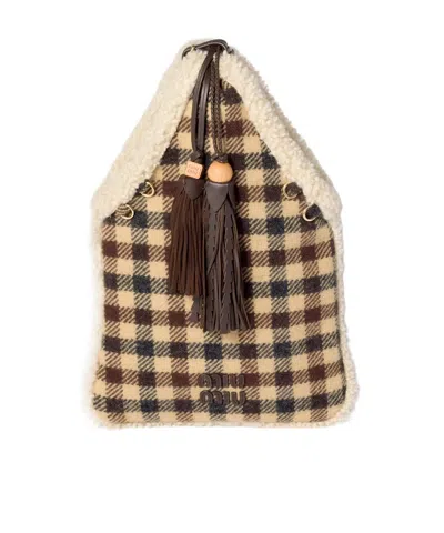 MIU MIU GINGHAM AND SHEARLING HANDBAG