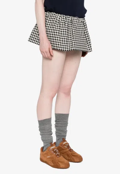 Miu Miu Gingham Check Logo Mini Skirt In Black