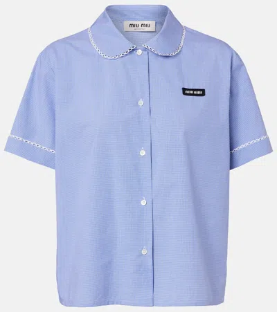 Miu Miu Gingham Poplin Shirt Contrast Trim Collar In Blue