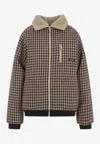 Miu Miu Checkered Long Sleeve Jacket With Shearling Collar In Blue