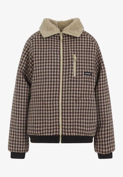 Miu Miu Checkered Long Sleeve Jacket With Shearling Collar In Blue