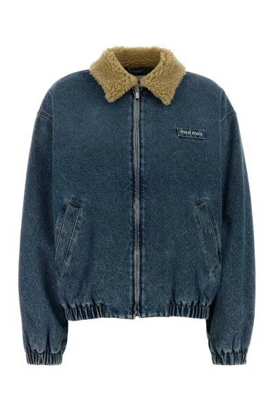 Miu Miu Denim Blouson Shearling Collar Elasticated Hem In Blue