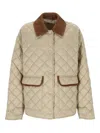 Miu Miu Quilted Jacket With Suede Collar And Pockets In Neutral