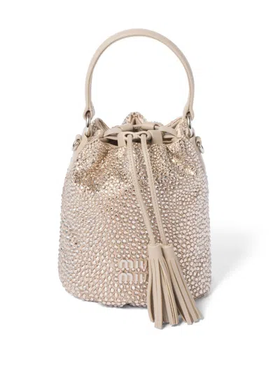 Miu Miu Glass-crystal Bucket Bag In Neutrals