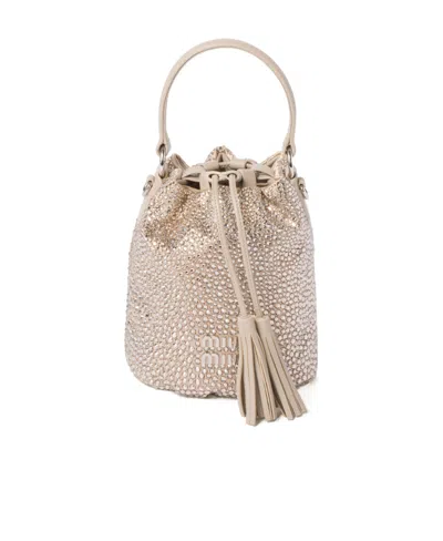 Miu Miu Glass-crystal Bucket Bag In Nude