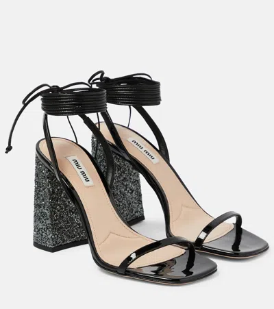 Miu Miu Glitter And Patent Leather Sandals In Black