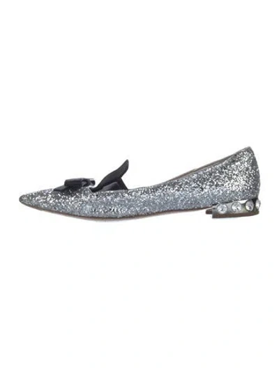 Pre-owned Miu Miu Glitter Bow Accents Ballet Flats In Silver