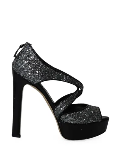 Pre-owned Miu Miu Glitter Criss-cross Platform Sandals In Silver
