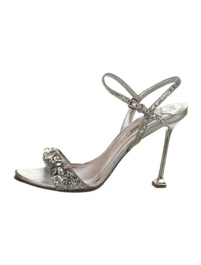 Pre-owned Miu Miu Glitter Crystal Embellishments Slingback Sandals In Silver