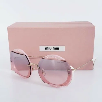 Pre-owned Miu Miu Glitter Mu 06ss Ar03-3b0 Pink Crystal Pave Round Mirrored Sunglasses In Pink Silver