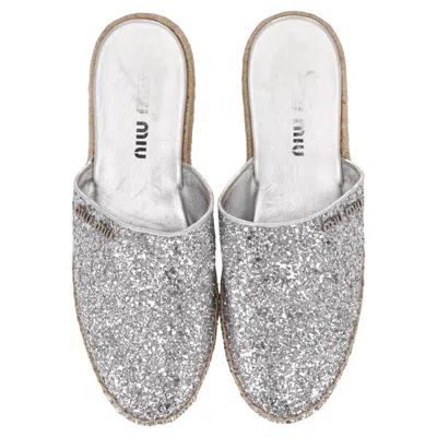 Pre-owned Miu Miu Glitter Platform Espadrille Mules In Gray
