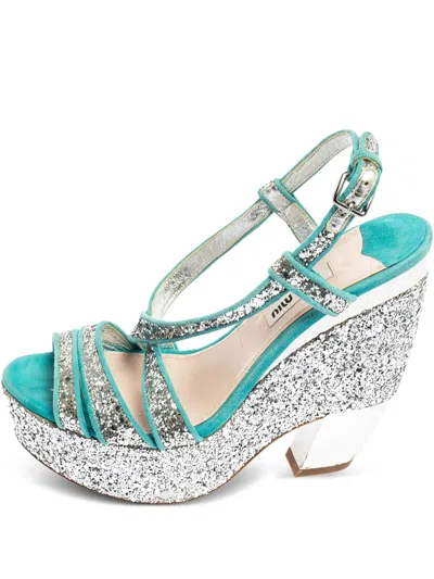 Pre-owned Miu Miu Glitter Suede Sandals In Blue