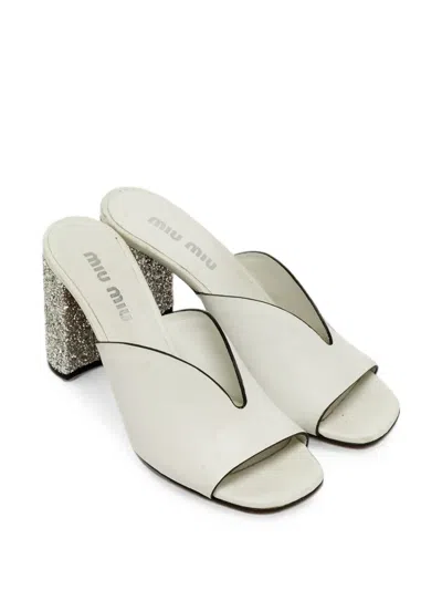 Pre-owned Miu Miu Glitter-detail Block-heel Sandals In White