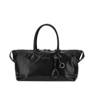 Miu Miu Glossy Leather Bag With Embossed Logo In Black