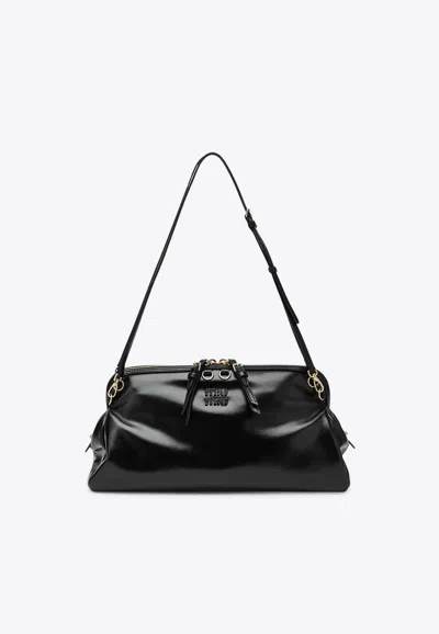 Miu Miu Glossy Leather Shoulder Bag In Black