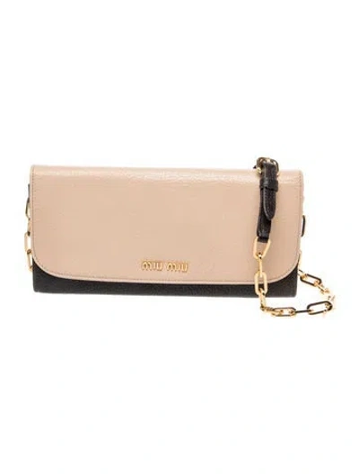 Pre-owned Miu Miu Goat Leather Madras Wallet On Chain In Black/neutrals