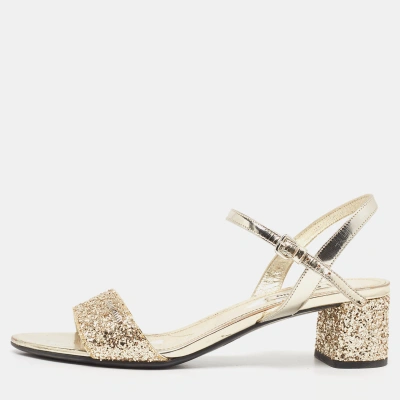Pre-owned Miu Miu Gold Coarse Glitter And Patent Ankle Strap Sandals Size 38